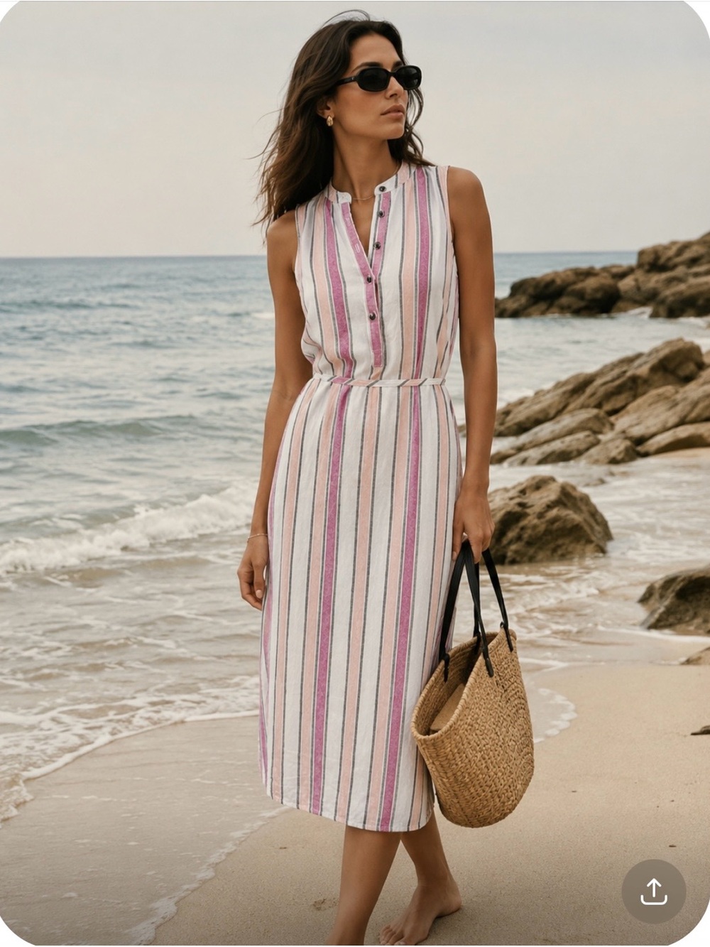 SPLENDID Picnic Striped Lini Midi Dress in Pink & White Size Medium